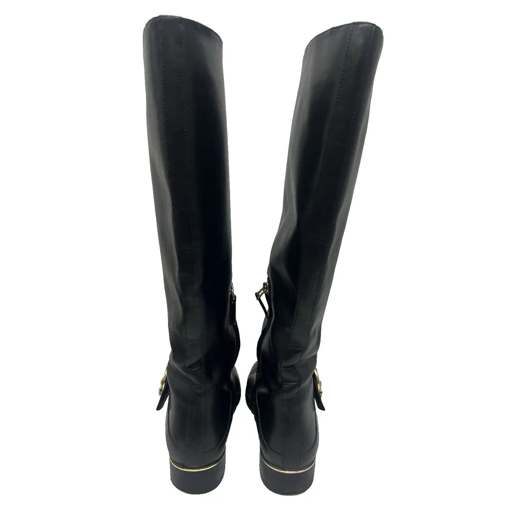 Tory Burch Sophia Black Leather Tall Riding Side Zip Boots 7M Gold Accents Logo
